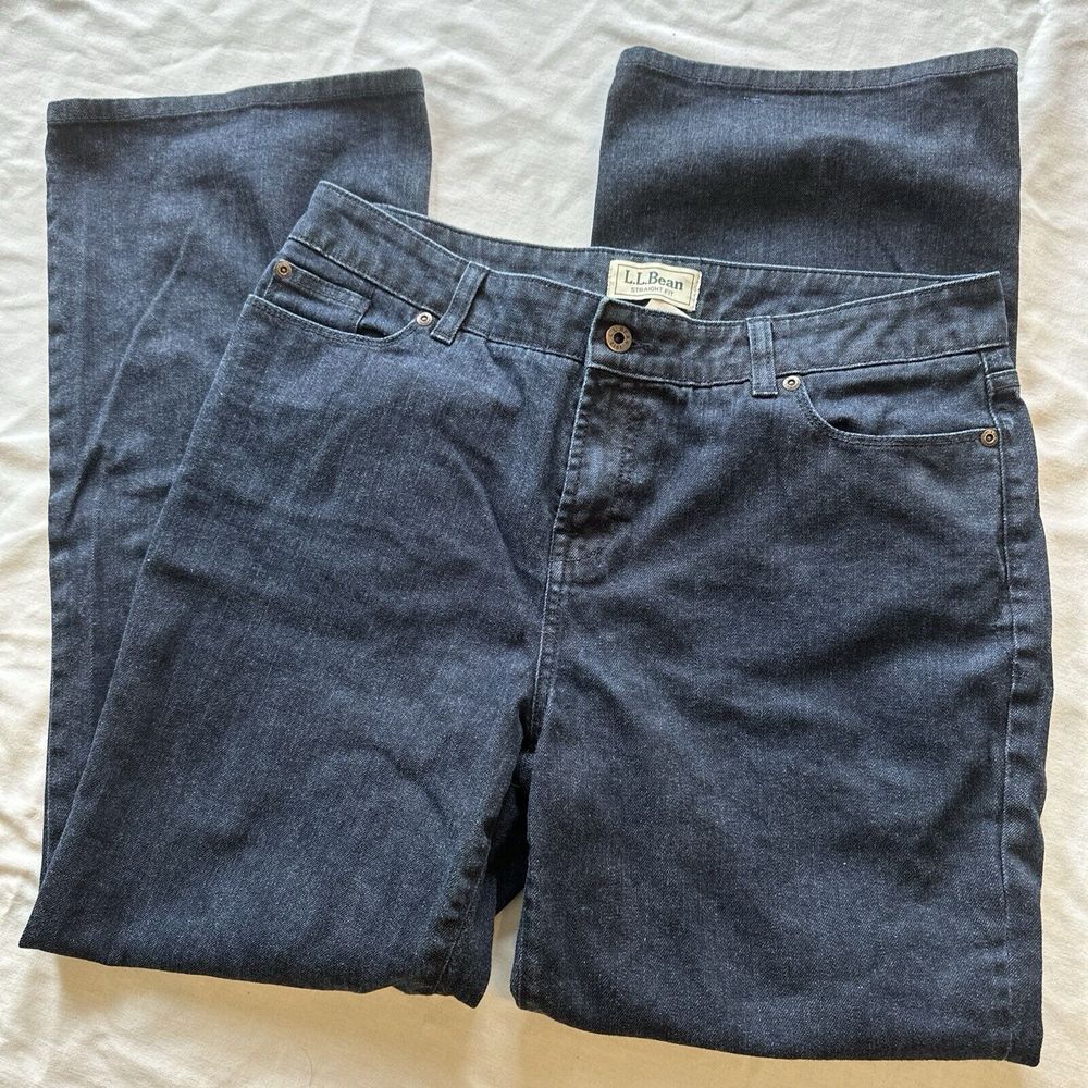 L.L.‎ Bean Straight Fit Jeans Womens 14 Reg Dark Wash Cotton Stretch Flap Pocket